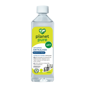 Achterzijde van de Planet Pure Eco Ontkalker fles met relevante beschrijvingen voor gebruik